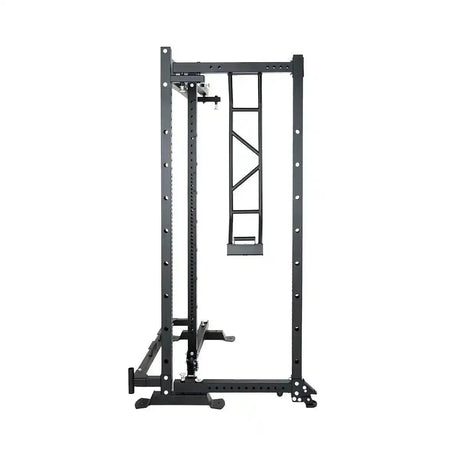 Force USA MyRack SpaceSaver klappbares Power Rack in Schrägansicht mit ausgeklapptem Rahmen und Lochrasterung