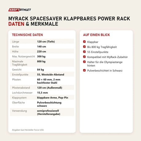 Technische Daten und Merkmale von Force USA MyRack SpaceSaver klappbares Power Rack als Tabelle