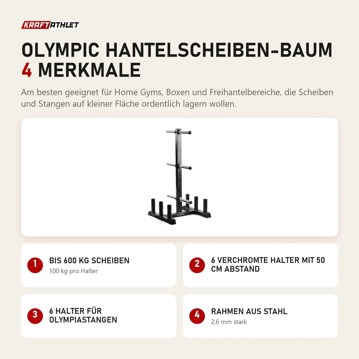 Force USA Olympic Hantelscheiben-Baum mit 4 Merkmalen: Bis 600 kg Scheiben, 6 verchromte Halter mit 50 cm Abstand, 6 Halter für Olympiastangen, Rahmen aus Stahl