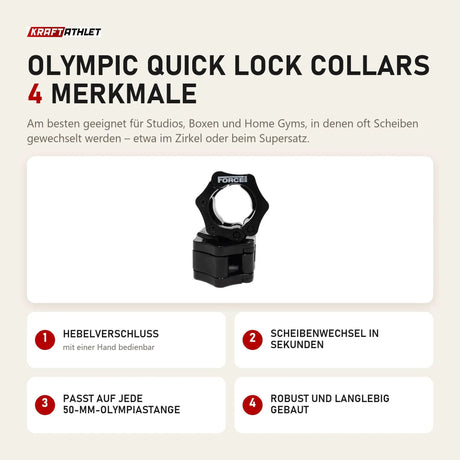 Force USA Olympic Quick Lock Collars mit 4 Merkmalen: Hebelverschluss, Scheibenwechsel in Sekunden, Passt auf jede 50-mm-Olympiastange, Robust und langlebig gebaut