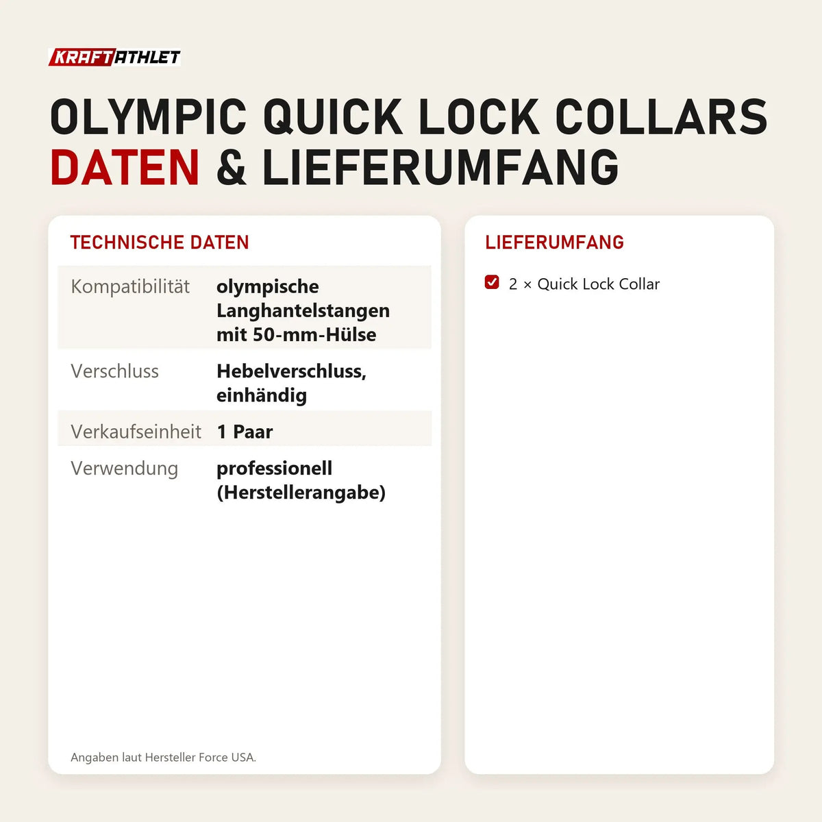 Technische Daten und Lieferumfang von Force USA Olympic Quick Lock Collars als Tabelle