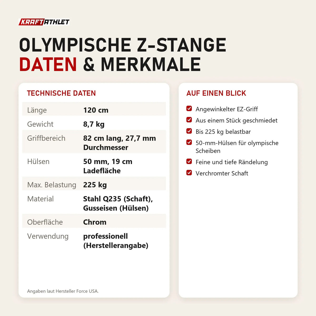 Technische Daten und Merkmale von Force USA Olympische Z-Stange als Tabelle