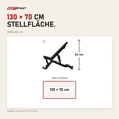 Maßbild Force USA Pro Series FID Bench Hantelbank: Stellfläche 130 × 70 cm, Höhe 44 cm