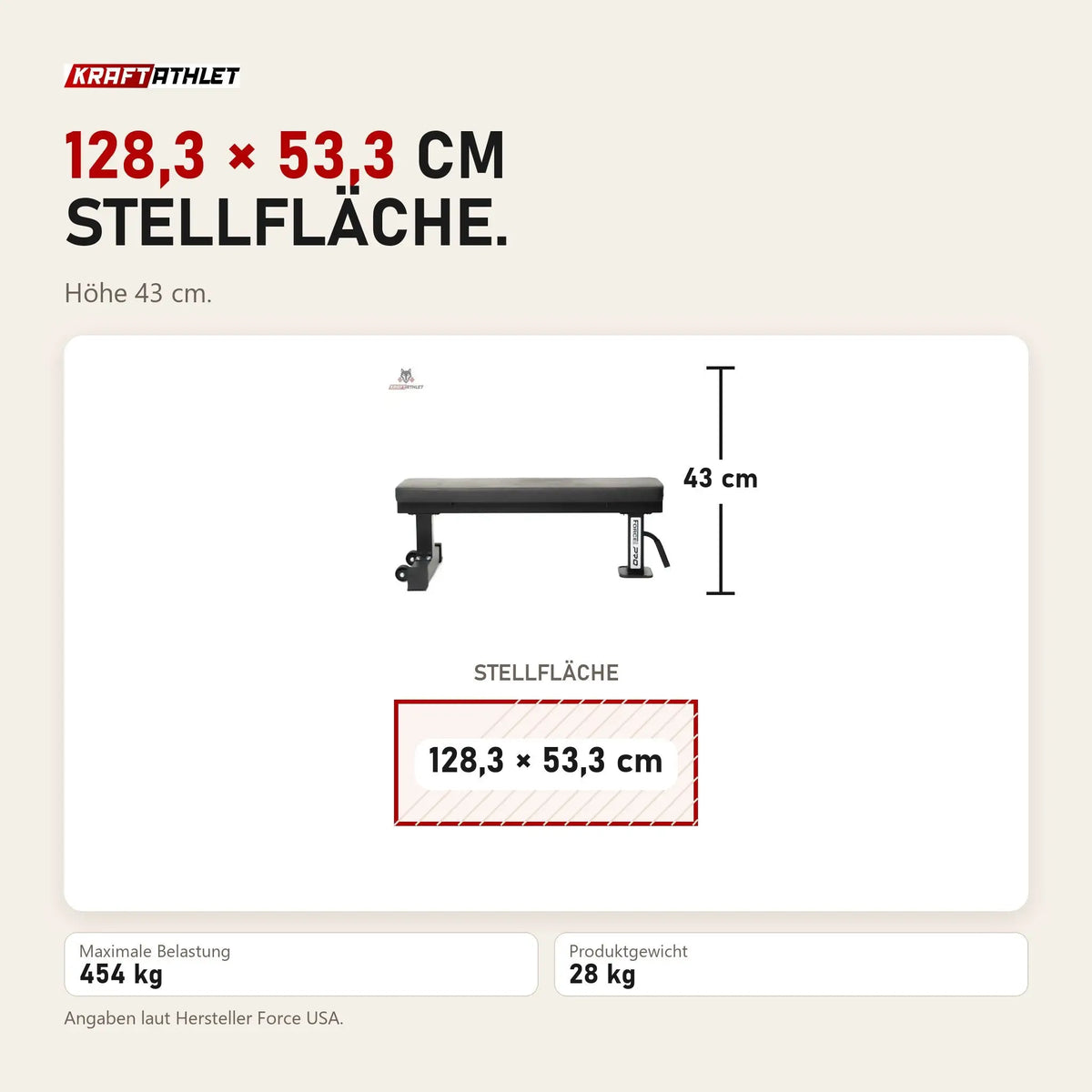 Maßbild Force USA Pro Series Flachbank: Stellfläche 128,3 × 53,3 cm, Höhe 43 cm