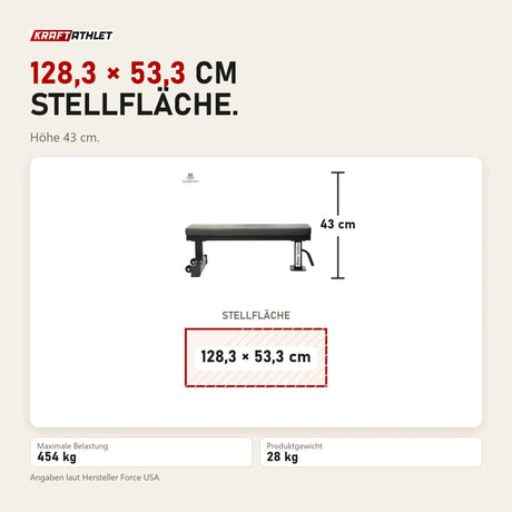 Maßbild Force USA Pro Series Flachbank: Stellfläche 128,3 × 53,3 cm, Höhe 43 cm