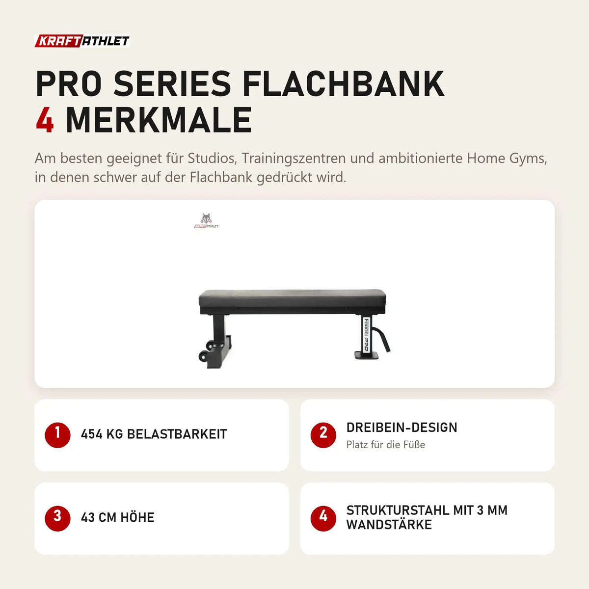 Force USA Pro Series Flachbank mit 4 Merkmalen: 454 kg Belastbarkeit, Dreibein-Design, 43 cm Höhe, Strukturstahl mit 3 mm Wandstärke