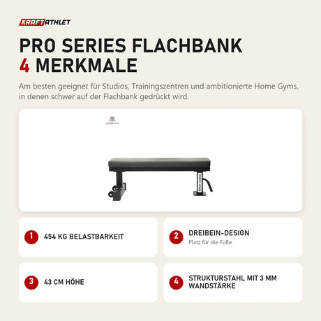 Force USA Pro Series Flachbank mit 4 Merkmalen: 454 kg Belastbarkeit, Dreibein-Design, 43 cm Höhe, Strukturstahl mit 3 mm Wandstärke