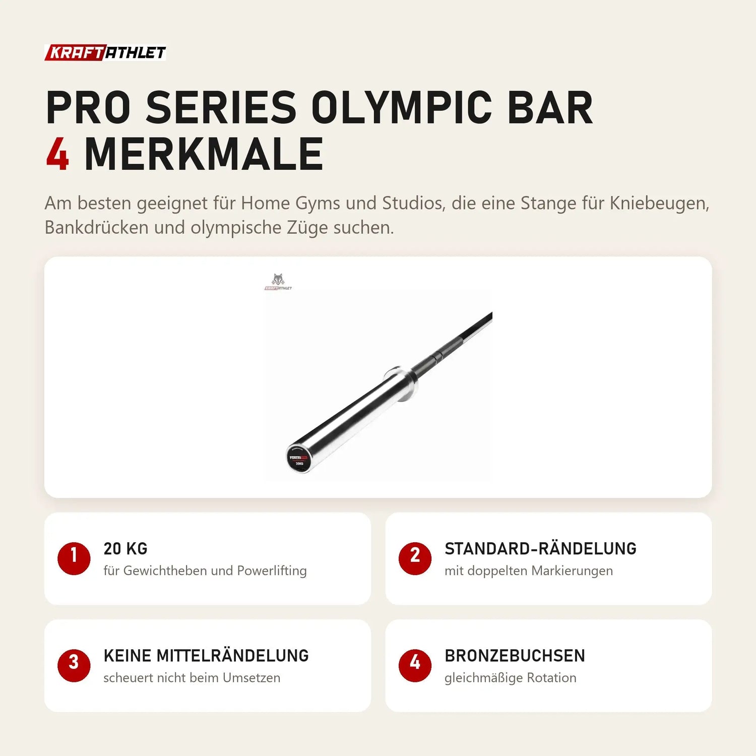 Force USA Pro Series Olympic Bar mit 4 Merkmalen: 20 kg, Standard-Rändelung, Keine Mittelrändelung, Bronzebuchsen