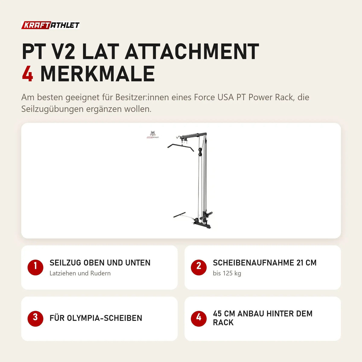 Force USA PT V2 Lat Attachment mit 4 Merkmalen: Seilzug oben und unten, Scheibenaufnahme 21 cm, Für Olympia-Scheiben, 45 cm Anbau hinter dem Rack