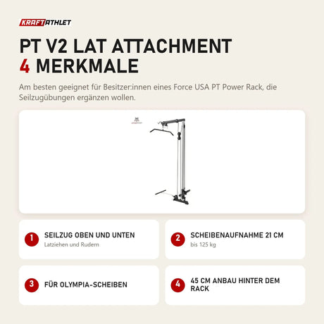 Force USA PT V2 Lat Attachment mit 4 Merkmalen: Seilzug oben und unten, Scheibenaufnahme 21 cm, Für Olympia-Scheiben, 45 cm Anbau hinter dem Rack
