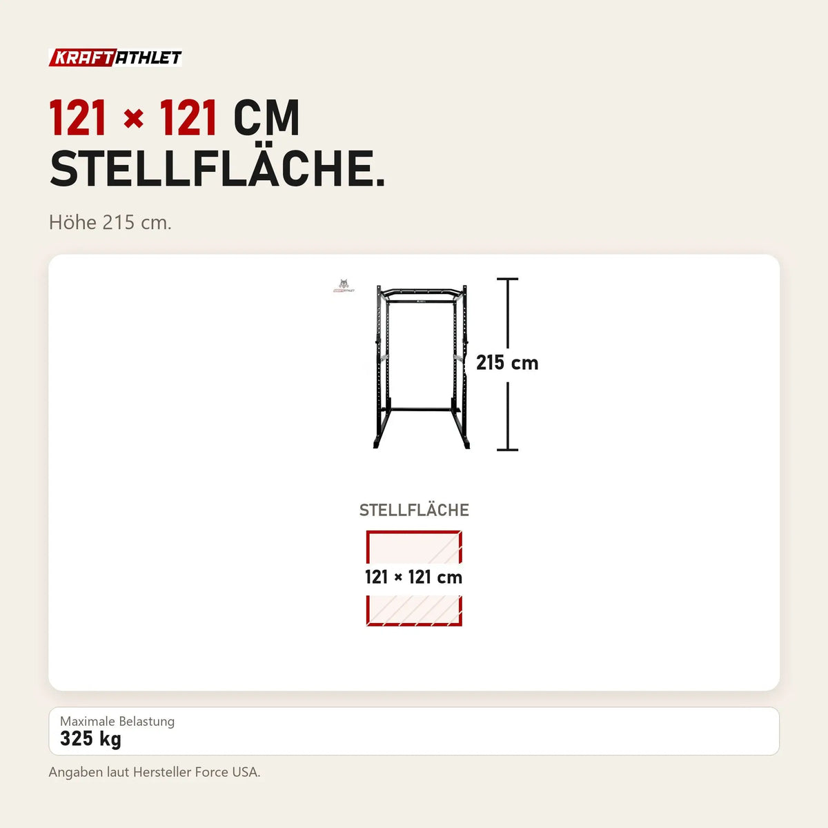 Maßbild Force USA PT V2 Power Cage: Stellfläche 121 × 121 cm, Höhe 215 cm