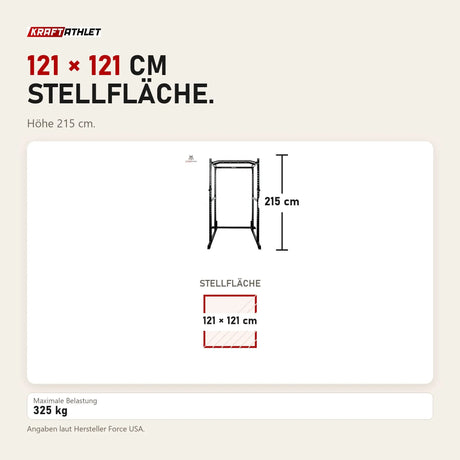 Maßbild Force USA PT V2 Power Cage: Stellfläche 121 × 121 cm, Höhe 215 cm