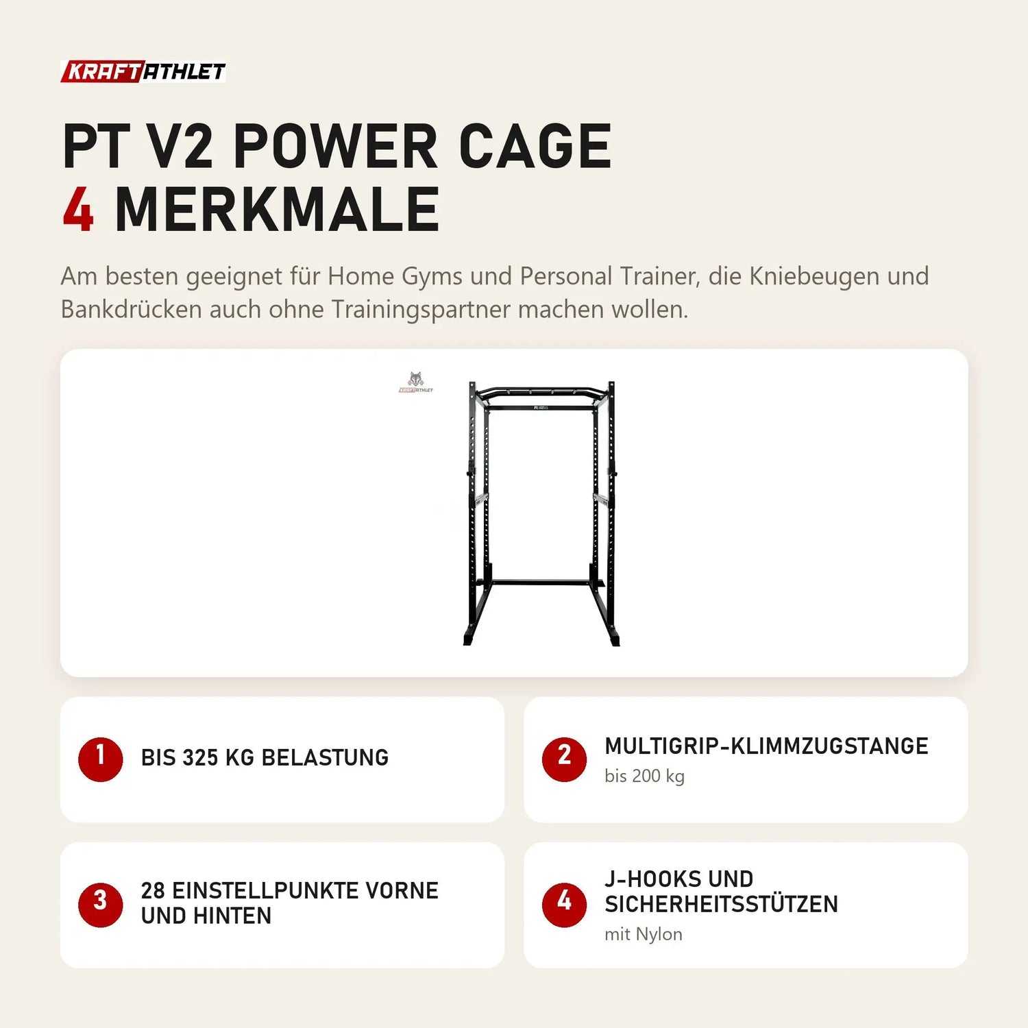 Force USA PT V2 Power Cage mit 4 Merkmalen: Bis 325 kg Belastung, Multigrip-Klimmzugstange, 28 Einstellpunkte vorne und hinten, J-Hooks und Sicherheitsstützen