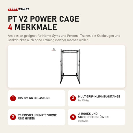 Force USA PT V2 Power Cage mit 4 Merkmalen: Bis 325 kg Belastung, Multigrip-Klimmzugstange, 28 Einstellpunkte vorne und hinten, J-Hooks und Sicherheitsstützen