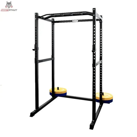 Force USA PT V2 Power Cage in Schwarz mit gelben Scheibenhaltern, Schrägansicht