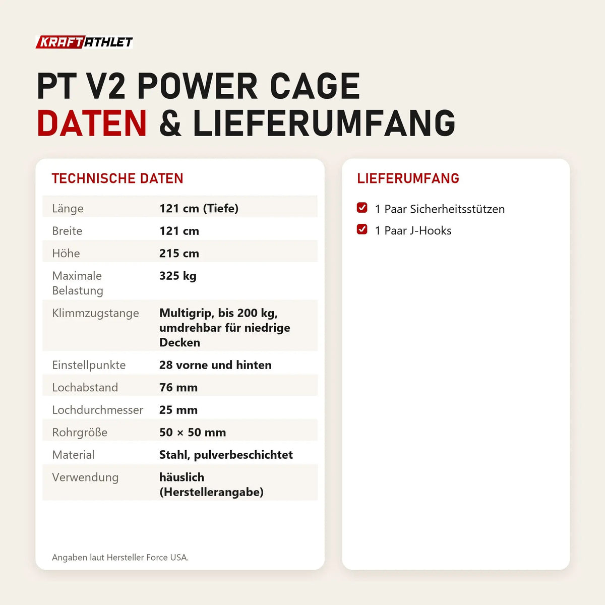 Technische Daten und Lieferumfang von Force USA PT V2 Power Cage als Tabelle
