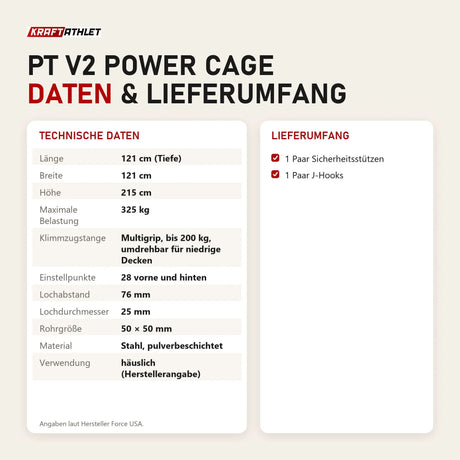 Technische Daten und Lieferumfang von Force USA PT V2 Power Cage als Tabelle