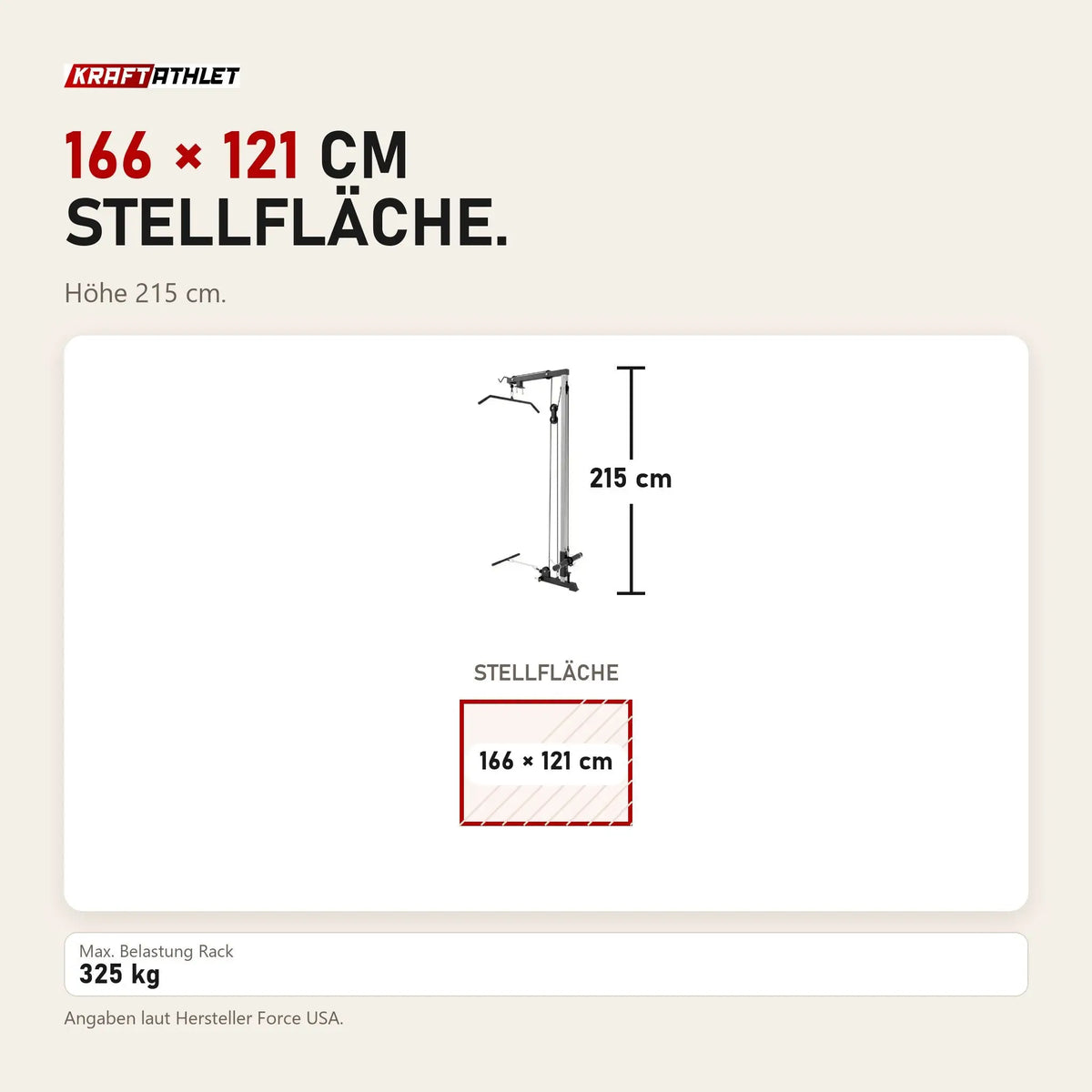 Maßbild Force USA PT V2 Power Rack + Lat Attachment: Stellfläche 166 × 121 cm, Höhe 215 cm