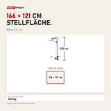 Maßbild Force USA PT V2 Power Rack + Lat Attachment: Stellfläche 166 × 121 cm, Höhe 215 cm