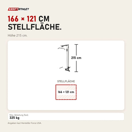 Maßbild Force USA PT V2 Power Rack + Lat Attachment: Stellfläche 166 × 121 cm, Höhe 215 cm
