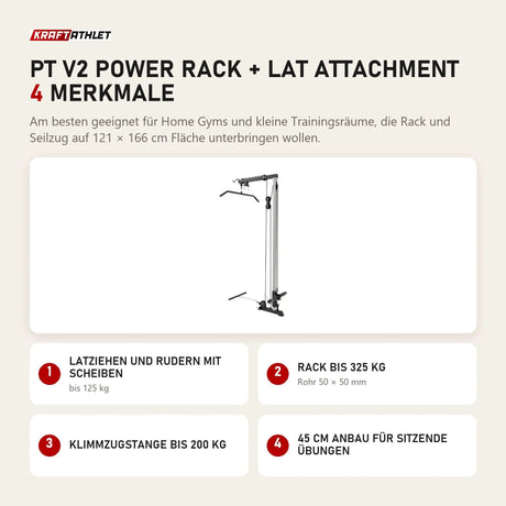 Force USA PT V2 Power Rack + Lat Attachment mit 4 Merkmalen: Latziehen und Rudern mit Scheiben, Rack bis 325 kg, Klimmzugstange bis 200 kg, 45 cm Anbau für sitzende Übungen