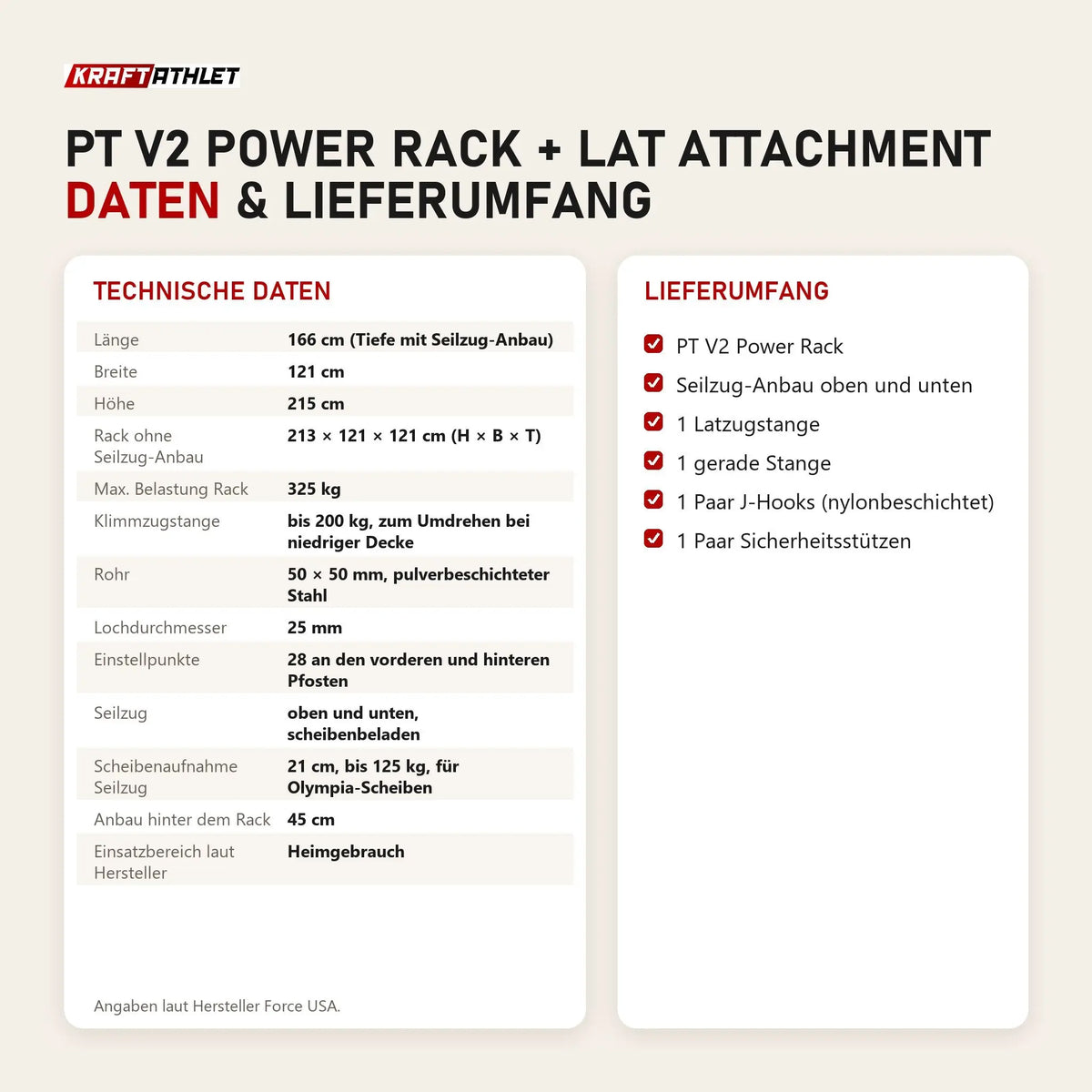 Technische Daten und Lieferumfang von Force USA PT V2 Power Rack + Lat Attachment als Tabelle