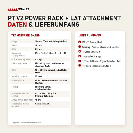 Technische Daten und Lieferumfang von Force USA PT V2 Power Rack + Lat Attachment als Tabelle