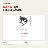 Maßbild Force USA Quadrizeps- und Beinbeuger-Maschine V3: Stellfläche 132 × 121 cm, Höhe 99 cm