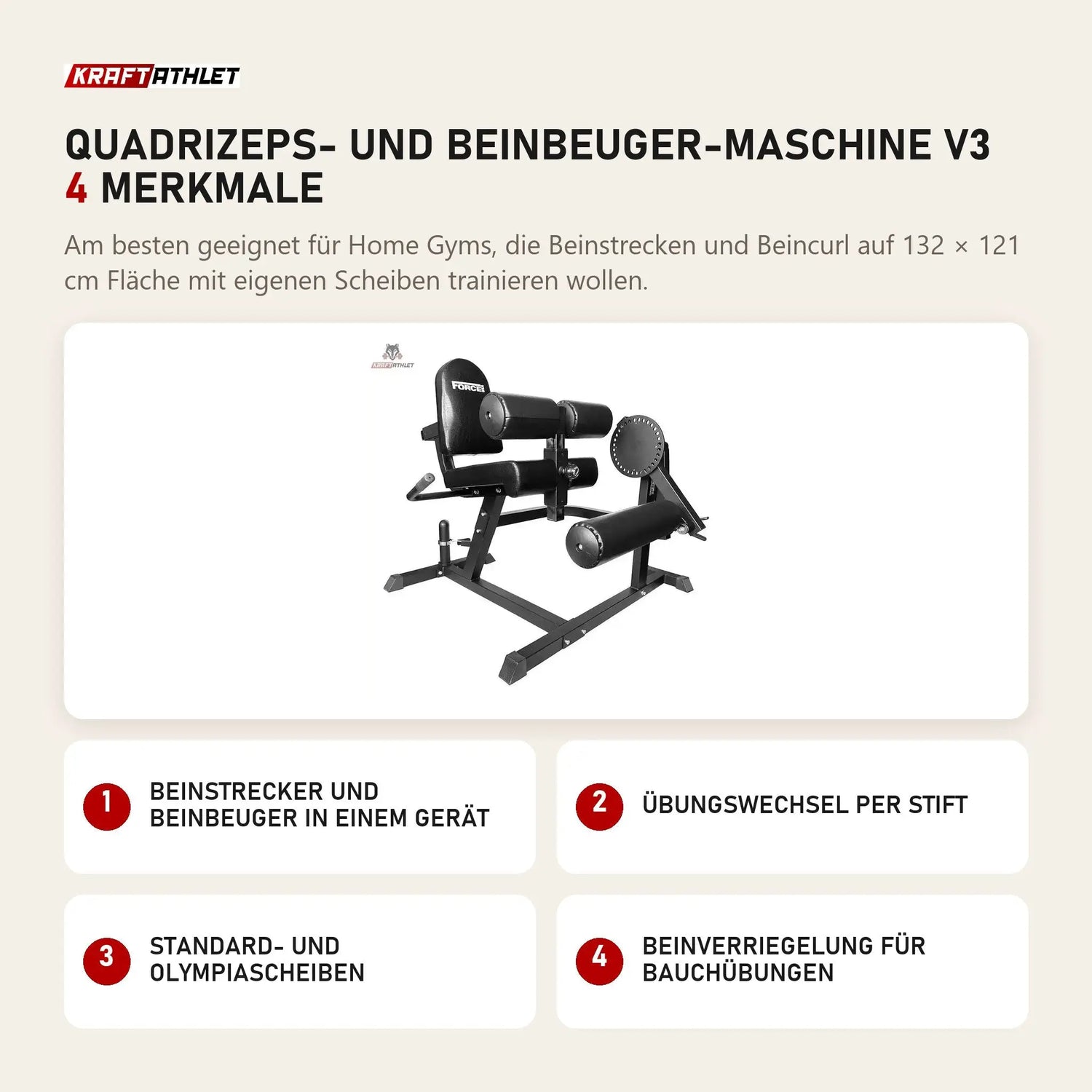 Force USA Quadrizeps- und Beinbeuger-Maschine V3 mit 4 Merkmalen: Beinstrecker und Beinbeuger in einem Gerät, Übungswechsel per Stift, Standard- und Olympiascheiben, Beinverriegelung für Bauchübungen