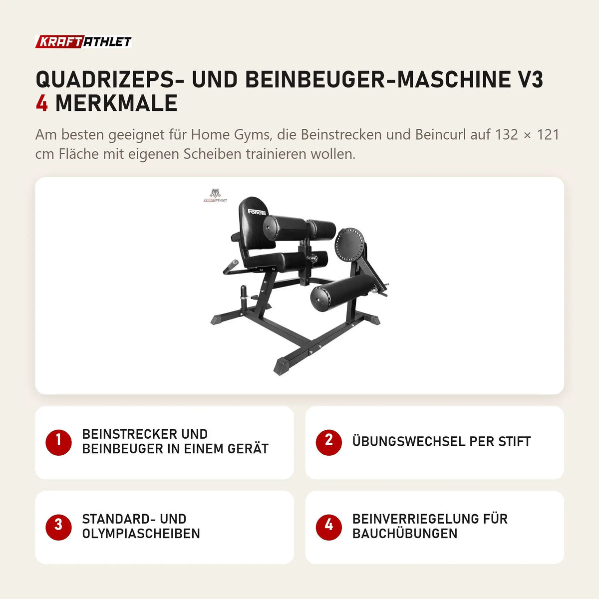 Force USA Quadrizeps- und Beinbeuger-Maschine V3 mit 4 Merkmalen: Beinstrecker und Beinbeuger in einem Gerät, Übungswechsel per Stift, Standard- und Olympiascheiben, Beinverriegelung für Bauchübungen