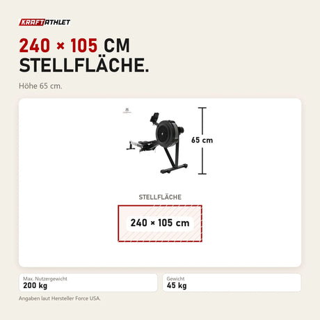 Maßbild Force USA R3 Air Rower: Stellfläche 240 × 105 cm, Höhe 65 cm