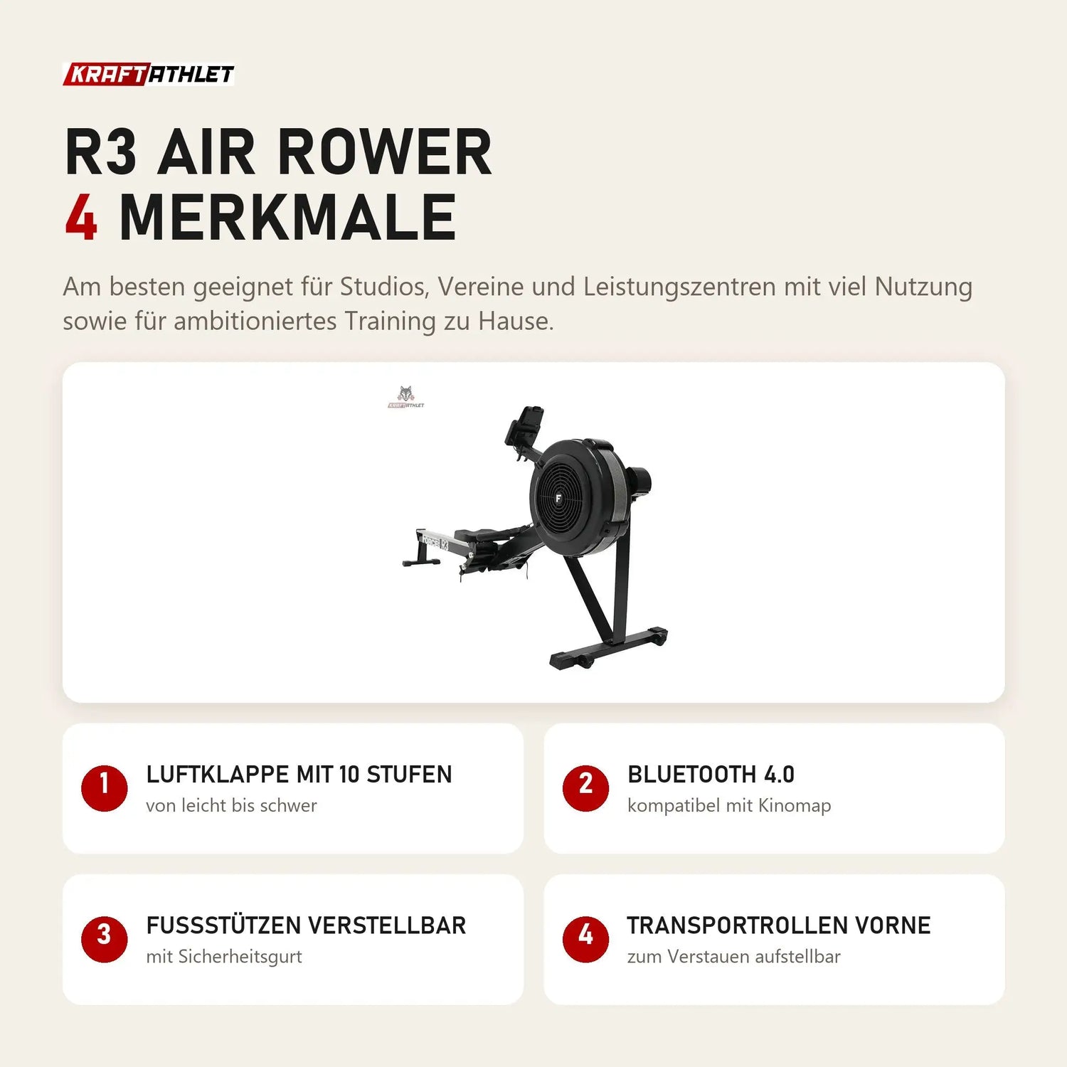 Force USA R3 Air Rower mit 4 Merkmalen: Luftklappe mit 10 Stufen, Bluetooth 4.0, Fußstützen verstellbar, Transportrollen vorne
