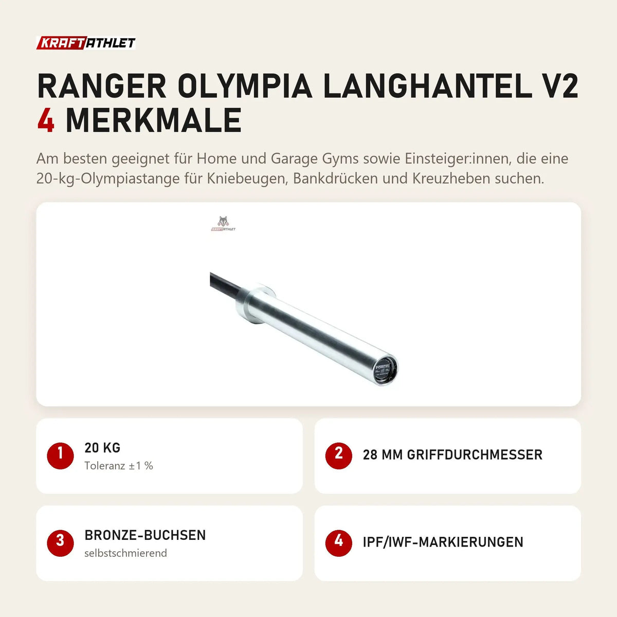 Force USA Ranger Olympia Langhantel V2 mit 4 Merkmalen: 20 kg, 28 mm Griffdurchmesser, Bronze-Buchsen, IPF/IWF-Markierungen
