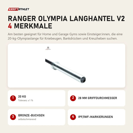 Force USA Ranger Olympia Langhantel V2 mit 4 Merkmalen: 20 kg, 28 mm Griffdurchmesser, Bronze-Buchsen, IPF/IWF-Markierungen