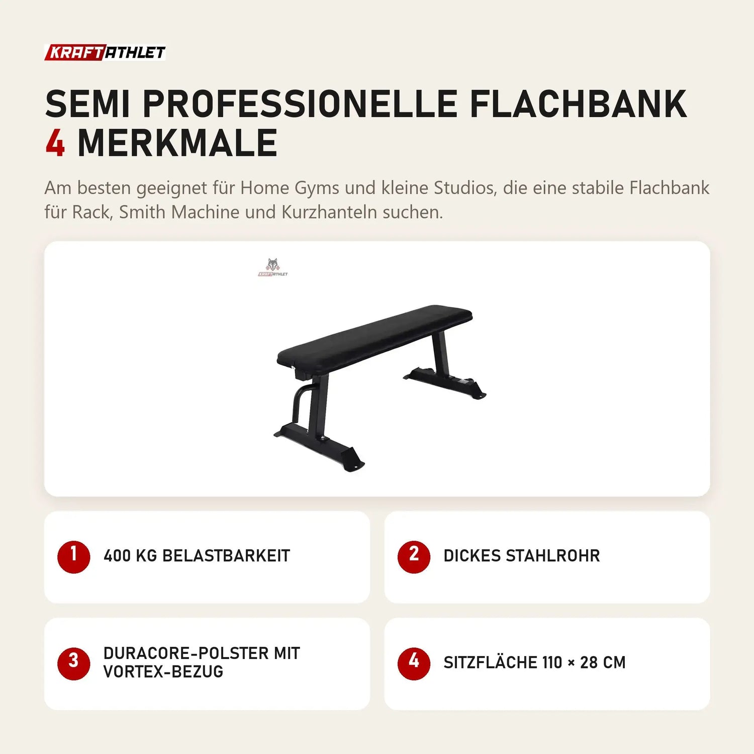 Force USA Semi Professionelle Flachbank mit 4 Merkmalen: 400 kg Belastbarkeit, Dickes Stahlrohr, DuraCore-Polster mit VorTex-Bezug, Sitzfläche 110 × 28 cm