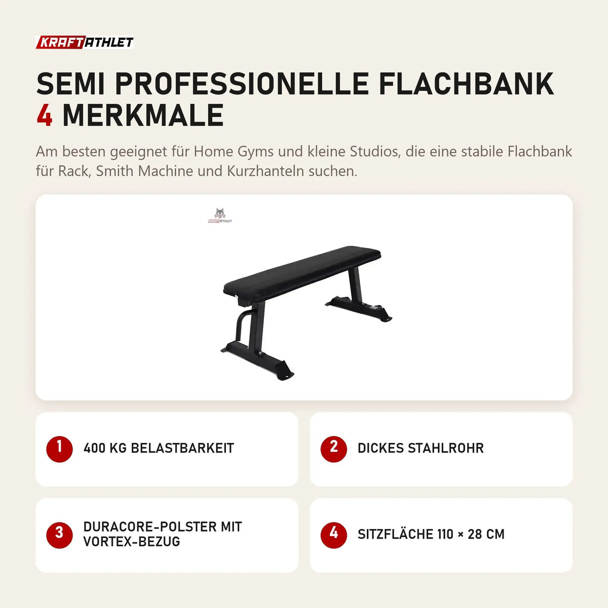 Force USA Semi Professionelle Flachbank mit 4 Merkmalen: 400 kg Belastbarkeit, Dickes Stahlrohr, DuraCore-Polster mit VorTex-Bezug, Sitzfläche 110 × 28 cm