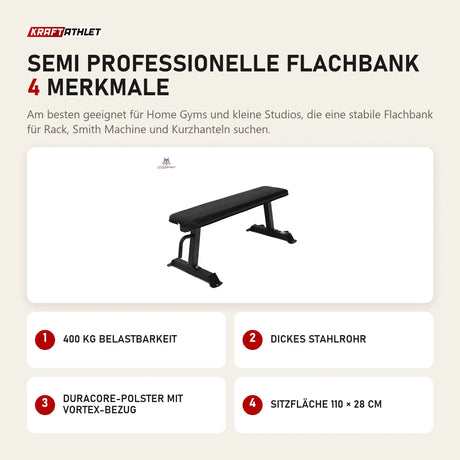Force USA Semi Professionelle Flachbank mit 4 Merkmalen: 400 kg Belastbarkeit, Dickes Stahlrohr, DuraCore-Polster mit VorTex-Bezug, Sitzfläche 110 × 28 cm