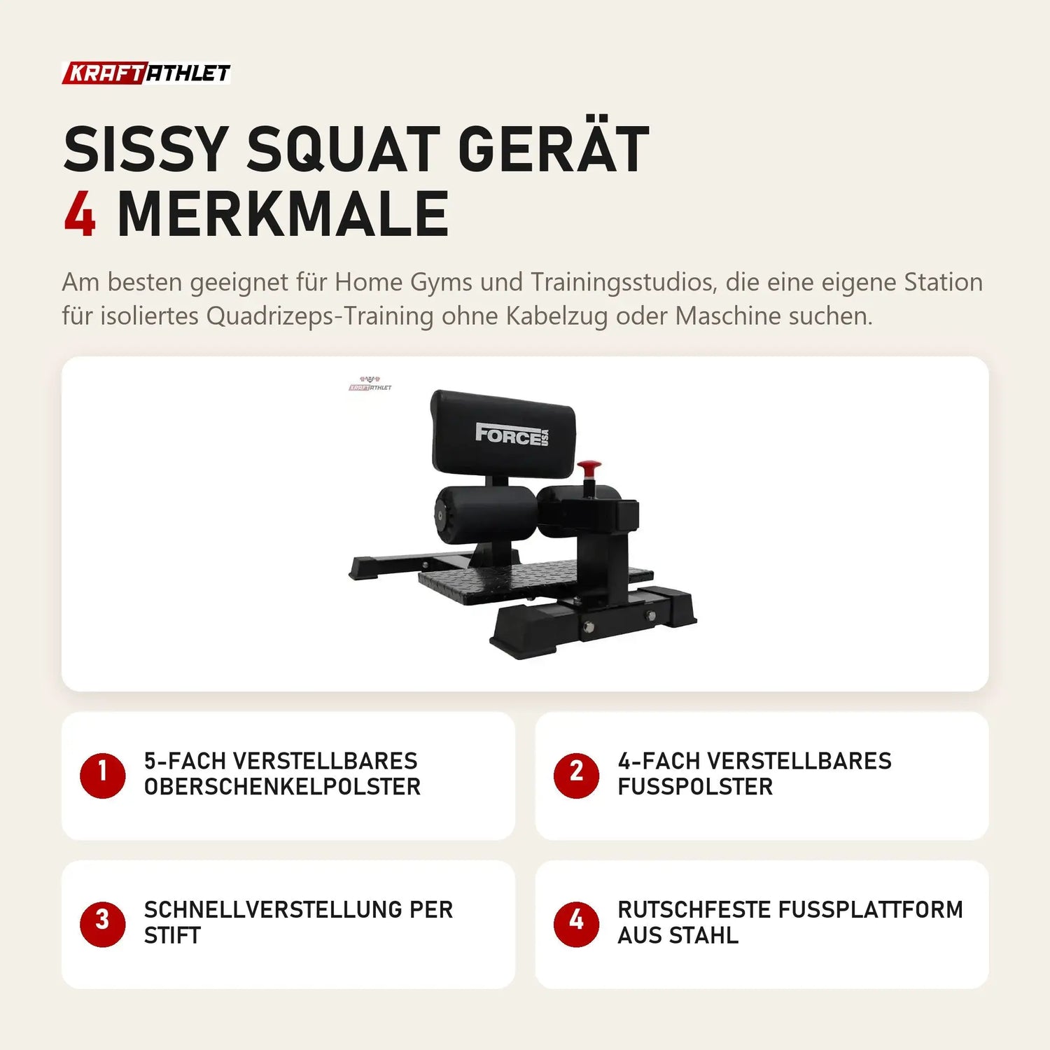 Force USA Sissy Squat Gerät mit 4 Merkmalen: 5-fach verstellbares Oberschenkelpolster, 4-fach verstellbares Fußpolster, Schnellverstellung per Stift, Rutschfeste Fußplattform aus Stahl