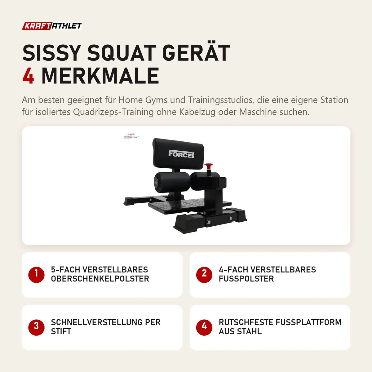 Force USA Sissy Squat Gerät mit 4 Merkmalen: 5-fach verstellbares Oberschenkelpolster, 4-fach verstellbares Fußpolster, Schnellverstellung per Stift, Rutschfeste Fußplattform aus Stahl