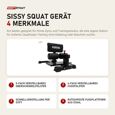 Force USA Sissy Squat Gerät mit 4 Merkmalen: 5-fach verstellbares Oberschenkelpolster, 4-fach verstellbares Fußpolster, Schnellverstellung per Stift, Rutschfeste Fußplattform aus Stahl