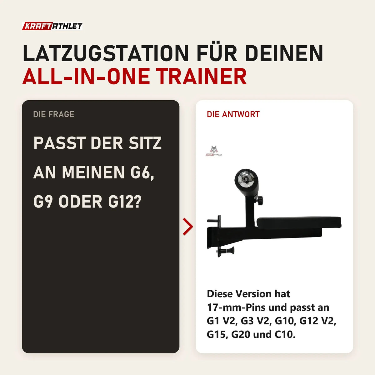Frage und Antwort zu Force USA Sitz für Latzug: Passt der Sitz an meinen G6, G9 oder G12?