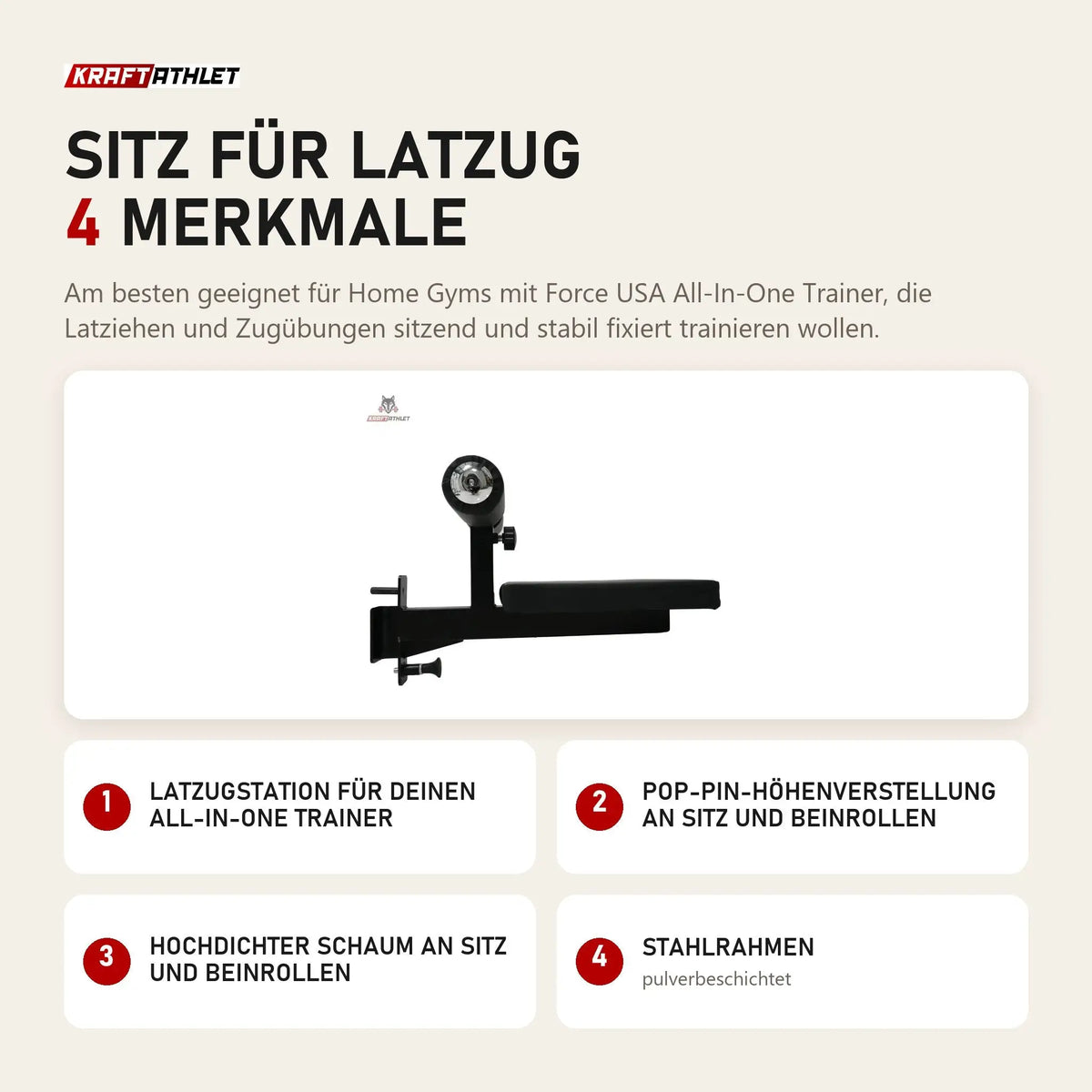 Force USA Sitz für Latzug mit 4 Merkmalen: Latzugstation für deinen All-In-One Trainer, Pop-Pin-Höhenverstellung an Sitz und Beinrollen, Hochdichter Schaum an Sitz und Beinrollen, Stahlrahmen
