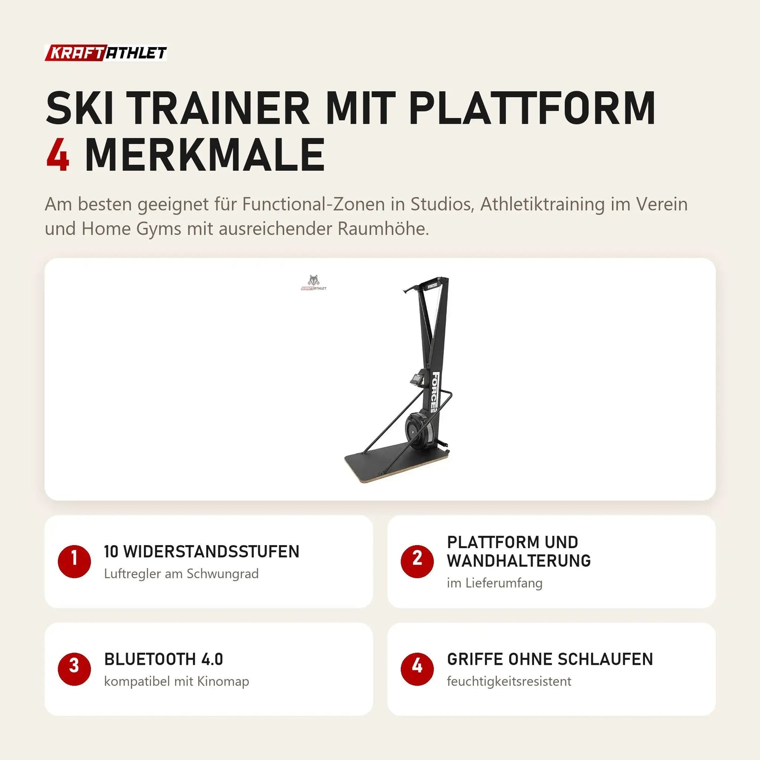 Force USA Ski Trainer mit Plattform mit 4 Merkmalen: 10 Widerstandsstufen, Plattform und Wandhalterung, Bluetooth 4.0, Griffe ohne Schlaufen