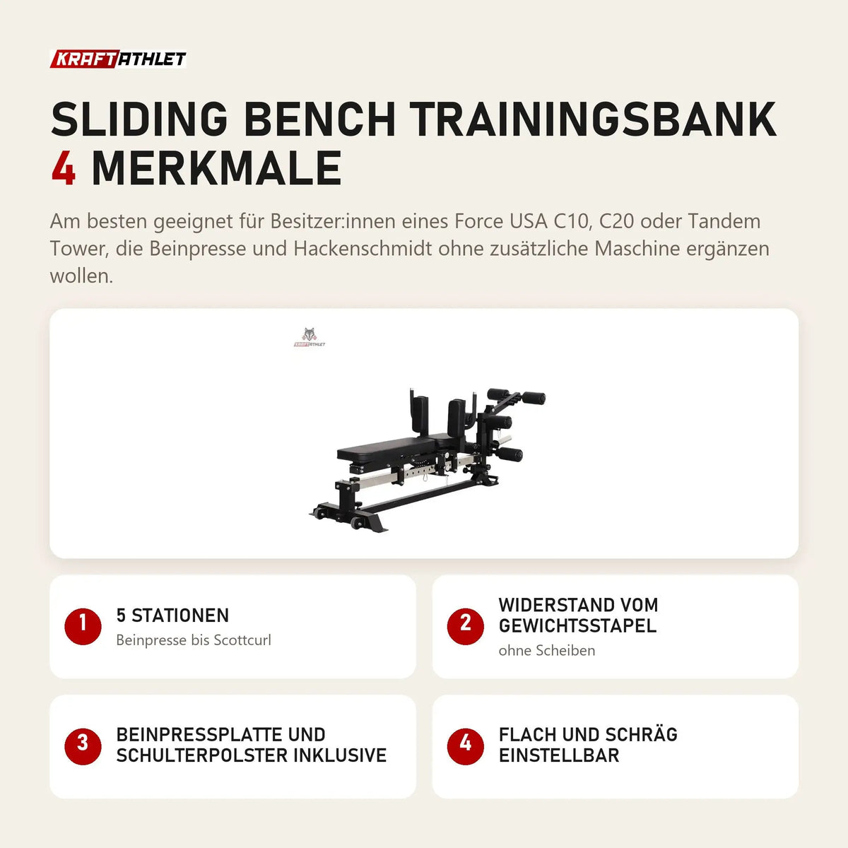 Force USA Sliding Bench Trainingsbank mit 4 Merkmalen: 5 Stationen, Widerstand vom Gewichtsstapel, Beinpressplatte und Schulterpolster inklusive, Flach und schräg einstellbar