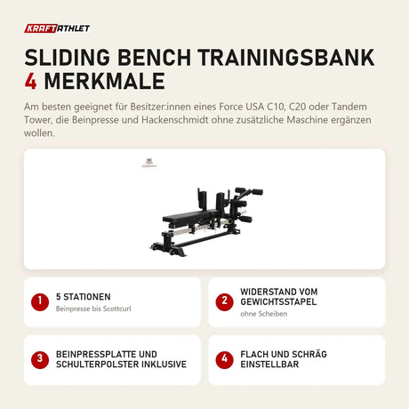 Force USA Sliding Bench Trainingsbank mit 4 Merkmalen: 5 Stationen, Widerstand vom Gewichtsstapel, Beinpressplatte und Schulterpolster inklusive, Flach und schräg einstellbar