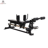 Force USA Sliding Bench Trainingsbank in Schrägansicht von hinten mit Polsterrollen und Scheibenaufnahme