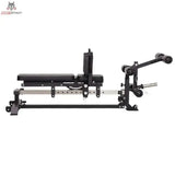 Force USA Sliding Bench Trainingsbank in der Seitenansicht mit flacher Liegefläche und Beinstrecker-Aufsatz
