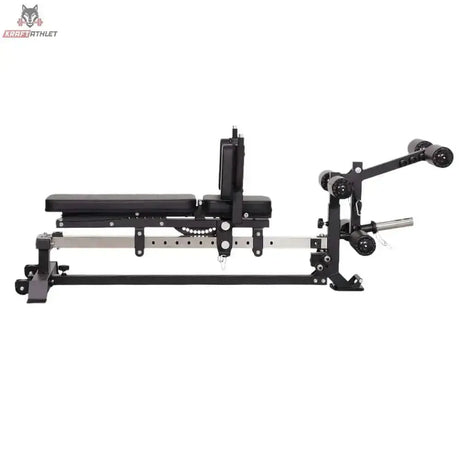 Force USA Sliding Bench Trainingsbank in der Seitenansicht mit flacher Liegefläche und Beinstrecker-Aufsatz