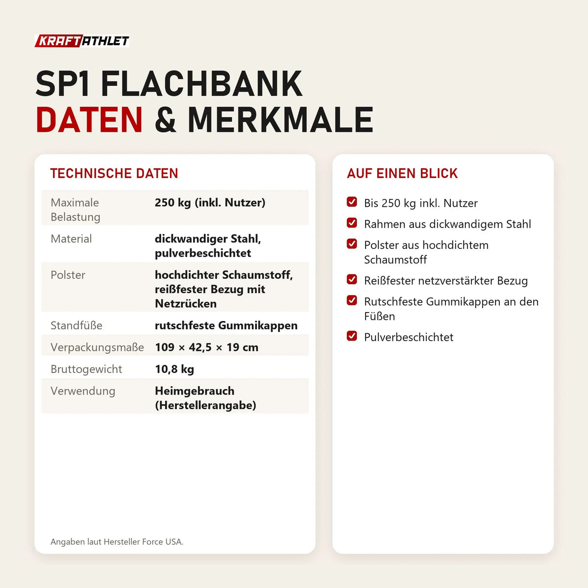 Technische Daten und Merkmale von Force USA SP1 Flachbank als Tabelle