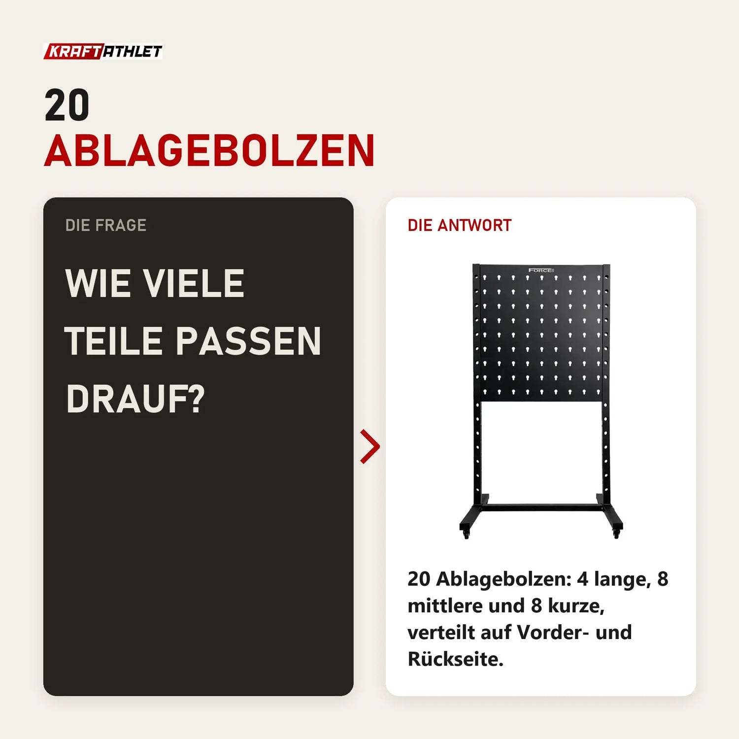 Frage und Antwort zu Force USA Storage Rack Pro Zubehörregal: Wie viele Teile passen drauf?
